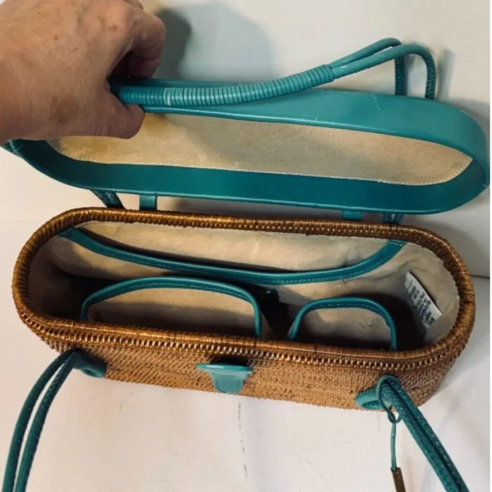 Elliot Lucca Woven Rattan Teal Leather Shoulder Bag Crossbody Handbag